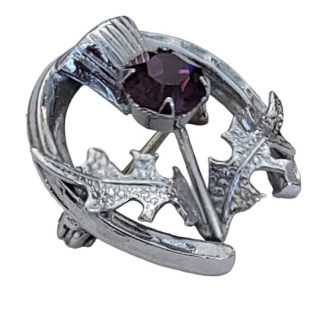 Mizpah Silver Tone Purple Rhinestone Scottish Thistle Horseshoe Leaf Pin, M737 - Picture 3 of 8
